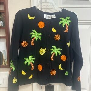 Emma Tricot Vintage Fully Embroidered Cardigan Palm Trees Fruit Size Small